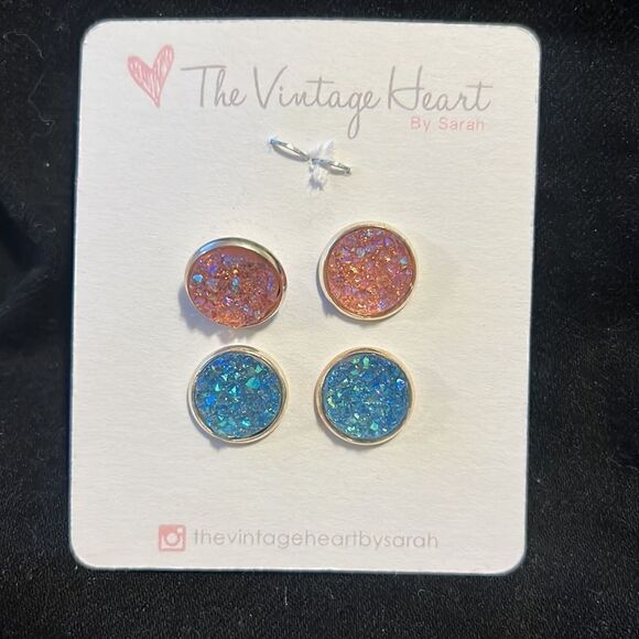 New Sparkly Blue + Blush Druzy Stud Earrings - Picture 2 of 3
